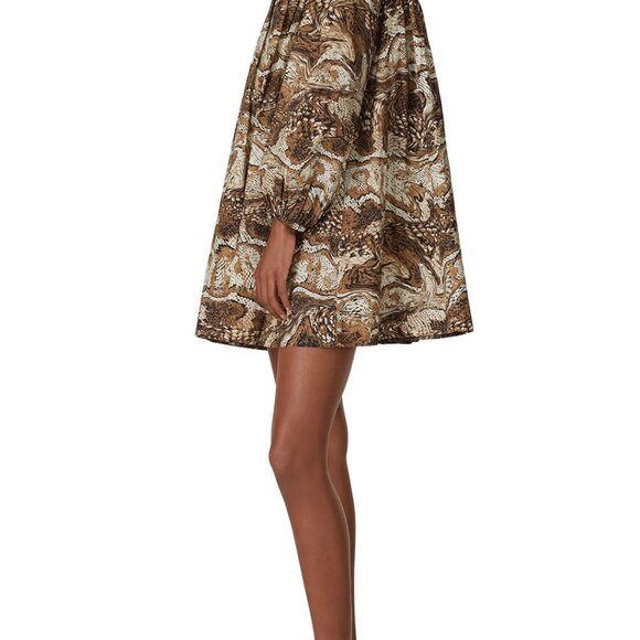 Women's GANNI Tiger's Eye Cotton Smocked Button Back Dress Mini Size 40 Large - Picture 3 of 8